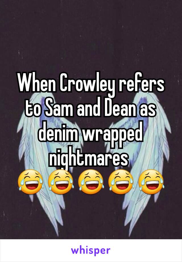 When Crowley refers to Sam and Dean as denim wrapped nightmares 
😂😂😂😂😂