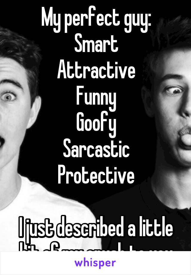 My perfect guy:
Smart
Attractive
Funny
Goofy
Sarcastic
Protective

I just described a little bit of my crush to you