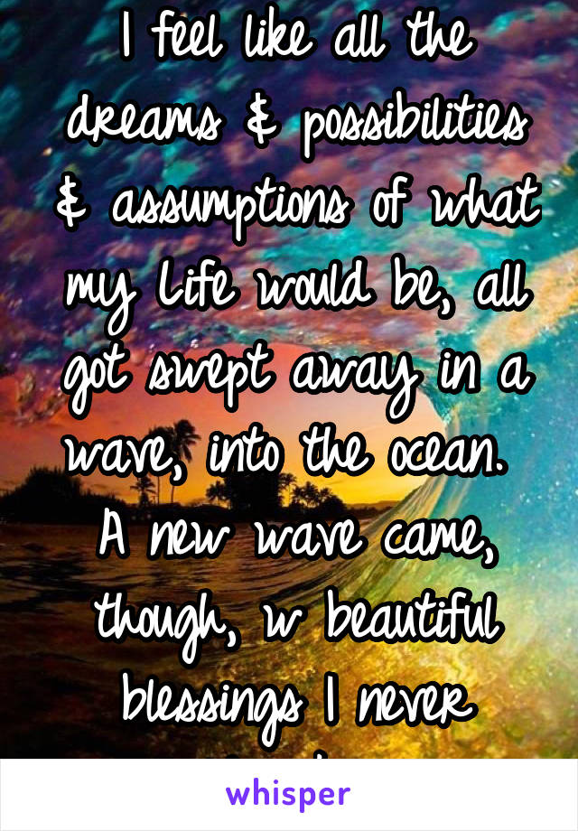 I feel like all the dreams & possibilities & assumptions of what my Life would be, all got swept away in a wave, into the ocean.  A new wave came, though, w beautiful blessings I never could've known.