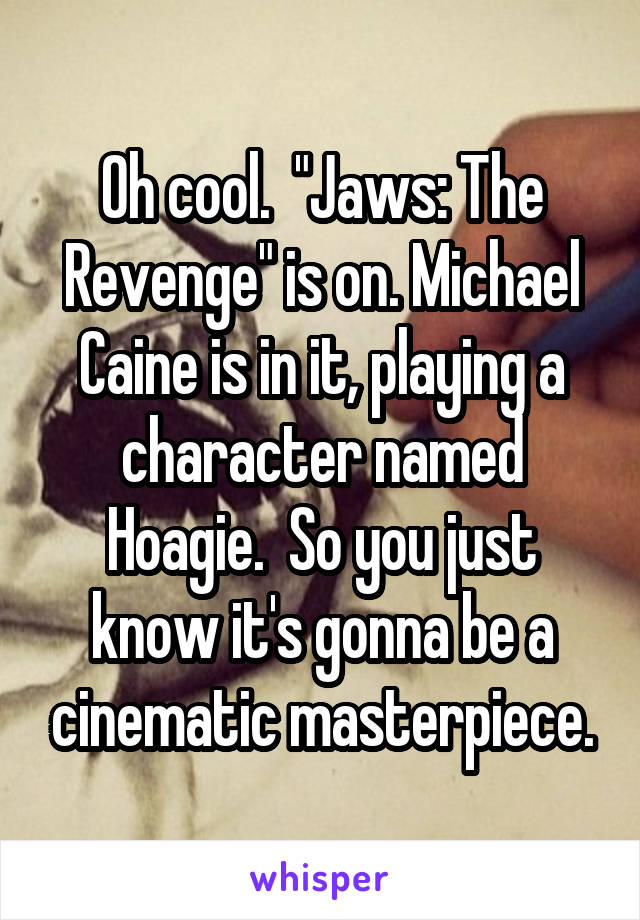 Oh cool.  "Jaws: The Revenge" is on. Michael Caine is in it, playing a character named Hoagie.  So you just know it's gonna be a cinematic masterpiece.