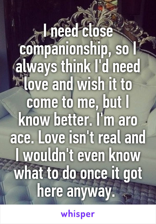 I need close companionship, so I always think I'd need love and wish it to come to me, but I know better. I'm aro ace. Love isn't real and I wouldn't even know what to do once it got here anyway. 