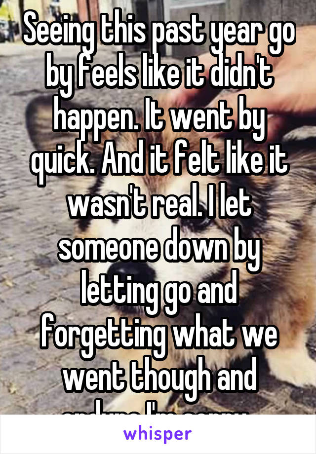 Seeing this past year go by feels like it didn't happen. It went by quick. And it felt like it wasn't real. I let someone down by letting go and forgetting what we went though and endure I'm sorry..