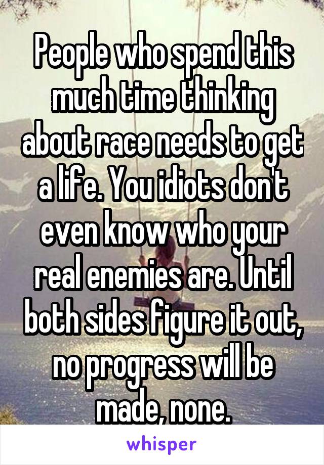 People who spend this much time thinking about race needs to get a life. You idiots don't even know who your real enemies are. Until both sides figure it out, no progress will be made, none.