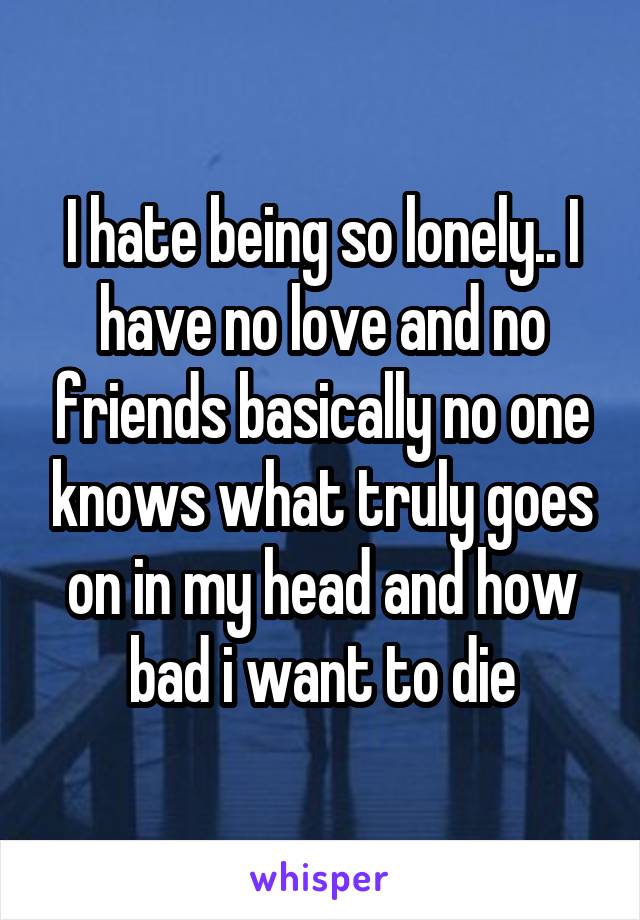 I hate being so lonely.. I have no love and no friends basically no one knows what truly goes on in my head and how bad i want to die