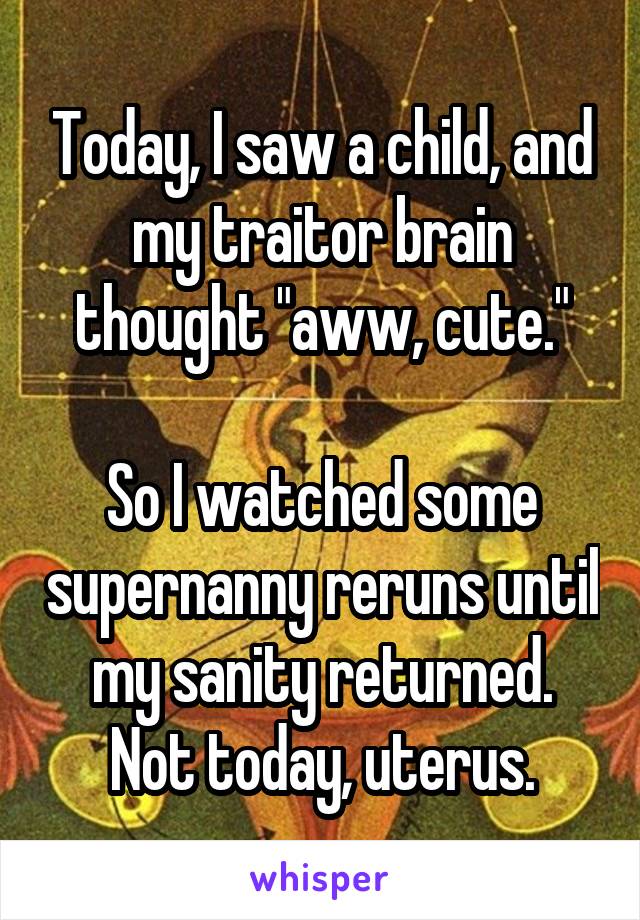 Today, I saw a child, and my traitor brain thought "aww, cute."

So I watched some supernanny reruns until my sanity returned.
Not today, uterus.