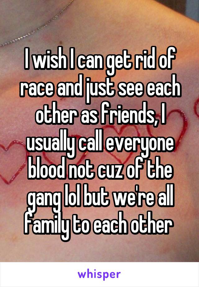 I wish I can get rid of race and just see each other as friends, I usually call everyone blood not cuz of the gang lol but we're all family to each other 