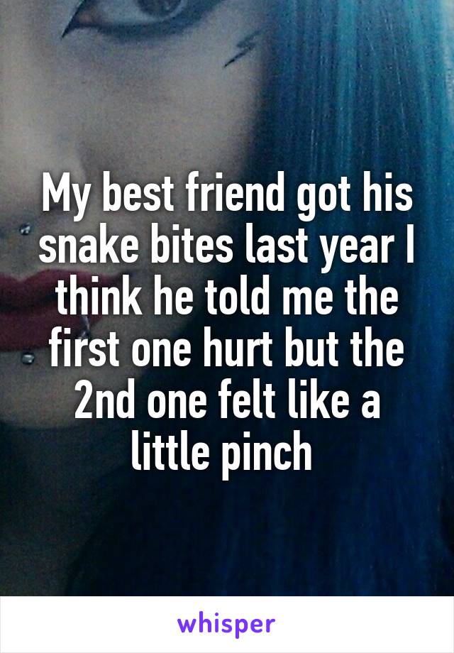 My best friend got his snake bites last year I think he told me the first one hurt but the 2nd one felt like a little pinch 