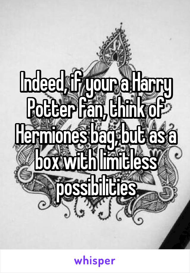 Indeed, if your a Harry Potter fan, think of Hermiones bag, but as a box with limitless possibilities