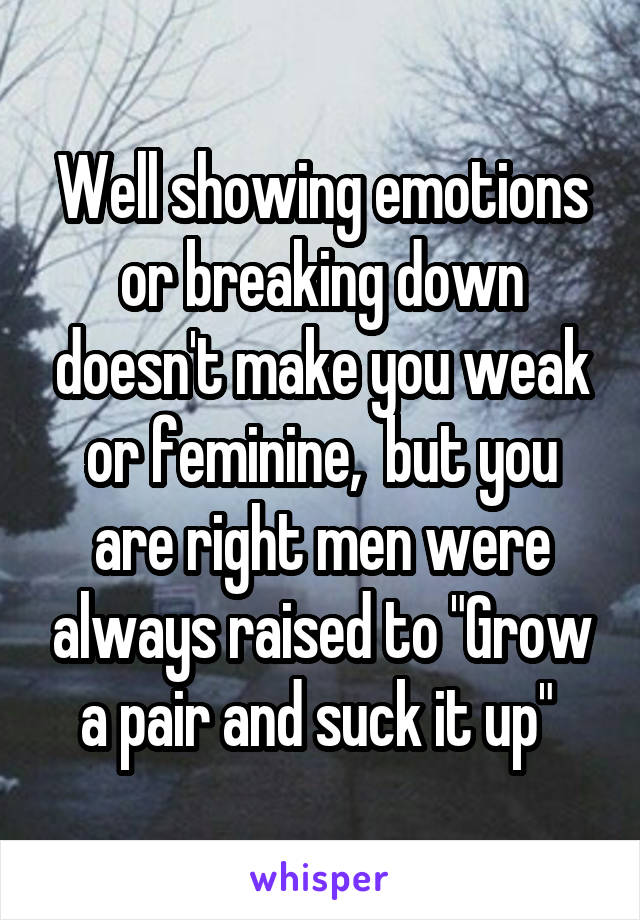 Well showing emotions or breaking down doesn't make you weak or feminine,  but you are right men were always raised to "Grow a pair and suck it up" 