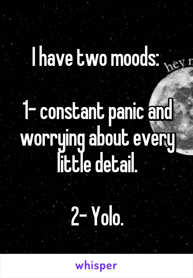 I have two moods: 

1- constant panic and worrying about every little detail.

2- Yolo.