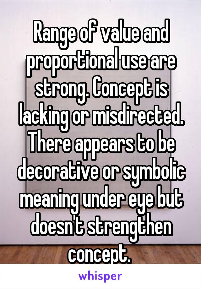 Range of value and proportional use are strong. Concept is lacking or misdirected. There appears to be decorative or symbolic meaning under eye but doesn't strengthen concept. 