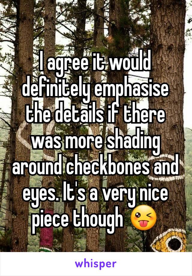 I agree it would definitely emphasise the details if there was more shading around checkbones and eyes. It's a very nice piece though 😜