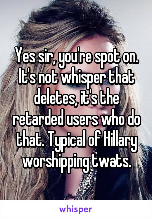 Yes sir, you're spot on. It's not whisper that deletes, it's the retarded users who do that. Typical of Hillary worshipping twats.