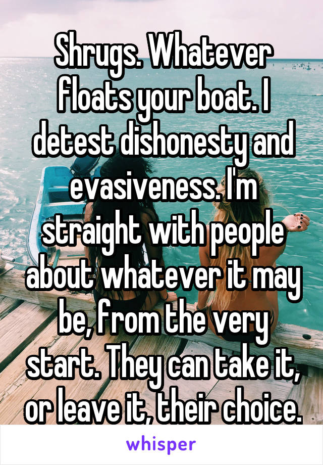 Shrugs. Whatever floats your boat. I detest dishonesty and evasiveness. I'm straight with people about whatever it may be, from the very start. They can take it, or leave it, their choice.