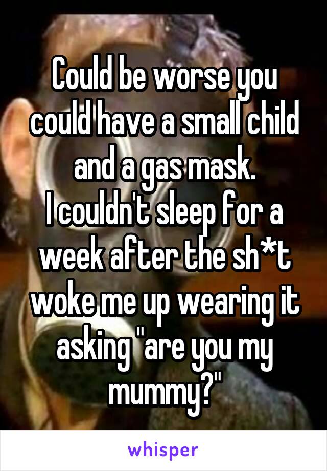 Could be worse you could have a small child and a gas mask.
I couldn't sleep for a week after the sh*t woke me up wearing it asking "are you my mummy?"