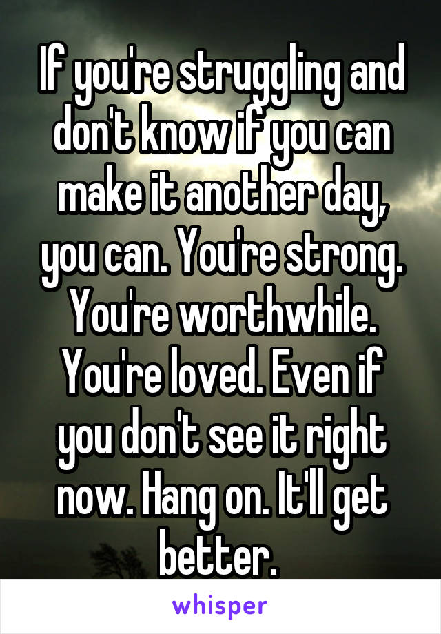 If you're struggling and don't know if you can make it another day, you can. You're strong. You're worthwhile. You're loved. Even if you don't see it right now. Hang on. It'll get better. 