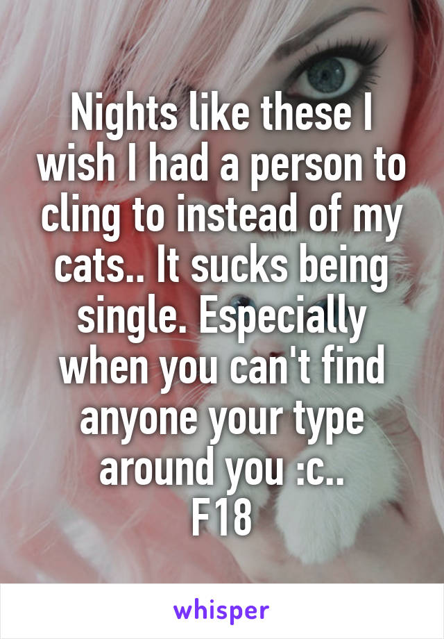 Nights like these I wish I had a person to cling to instead of my cats.. It sucks being single. Especially when you can't find anyone your type around you :c..
F18