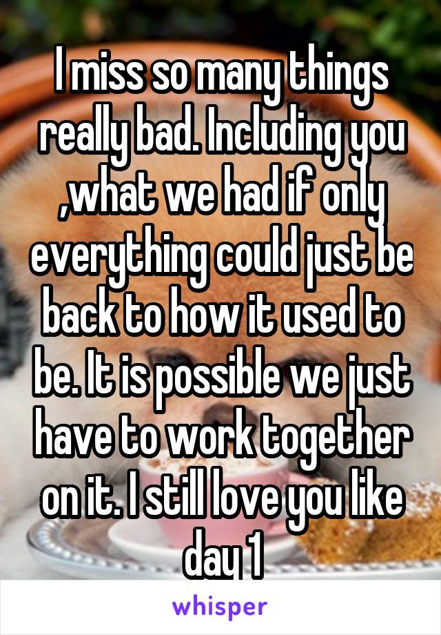 I miss so many things really bad. Including you ,what we had if only everything could just be back to how it used to be. It is possible we just have to work together on it. I still love you like day 1