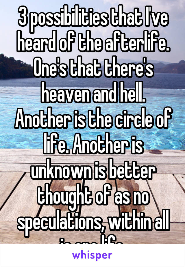 3 possibilities that I've heard of the afterlife. One's that there's heaven and hell. Another is the circle of life. Another is unknown is better thought of as no speculations, within all is one life.