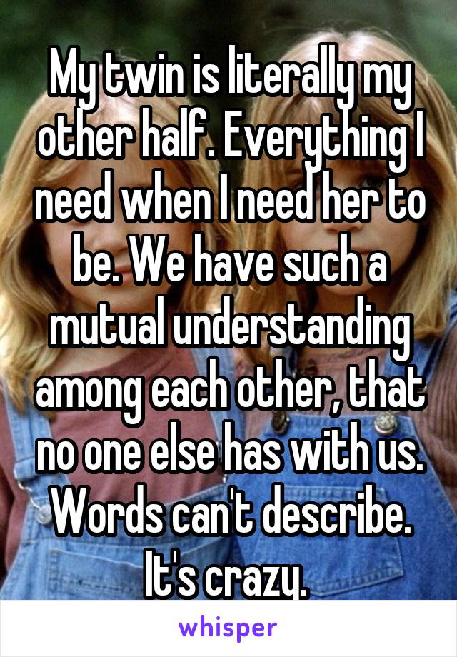 My twin is literally my other half. Everything I need when I need her to be. We have such a mutual understanding among each other, that no one else has with us. Words can't describe. It's crazy. 