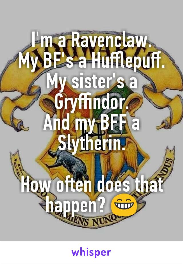 I'm a Ravenclaw.
My BF's a Hufflepuff.
My sister's a Gryffindor.
And my BFF a Slytherin.

How often does that happen? 😁
