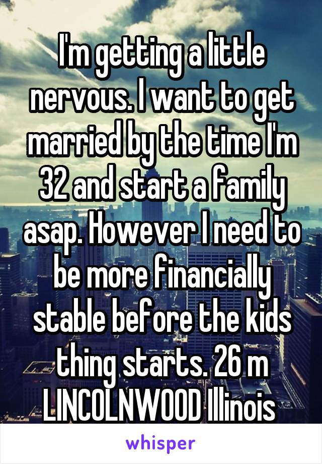 I'm getting a little nervous. I want to get married by the time I'm 32 and start a family asap. However I need to be more financially stable before the kids thing starts. 26 m LINCOLNWOOD Illinois 