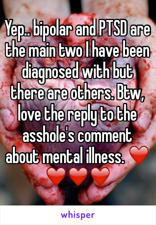 Yep.. bipolar and PTSD are the main two I have been diagnosed with but there are others. Btw, love the reply to the asshole's comment about mental illness. ❤️❤️❤️❤️