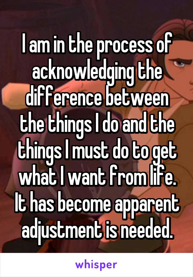 I am in the process of acknowledging the difference between the things I do and the things I must do to get what I want from life. It has become apparent adjustment is needed.