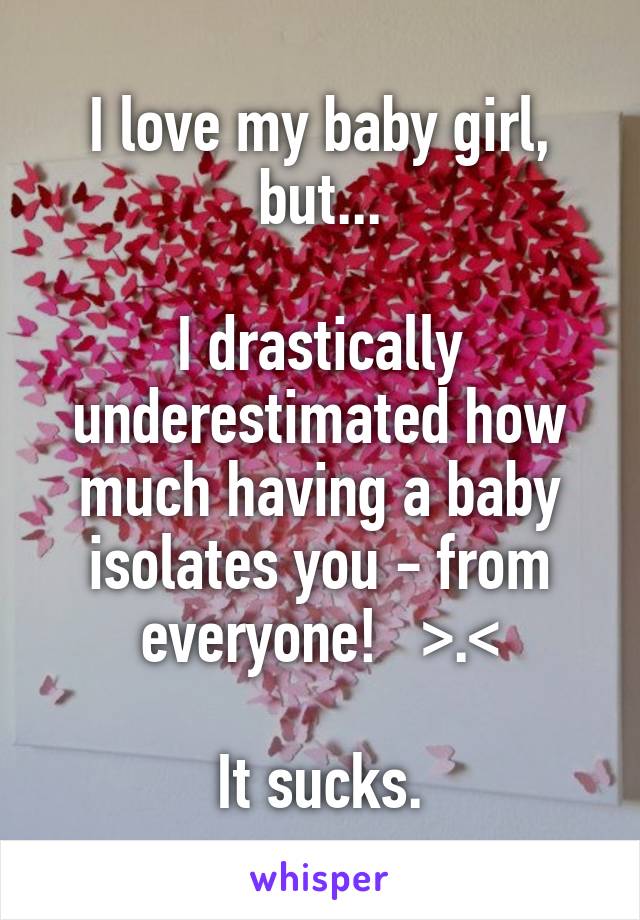 I love my baby girl, but...

I drastically underestimated how much having a baby isolates you - from everyone!   >.<

It sucks.