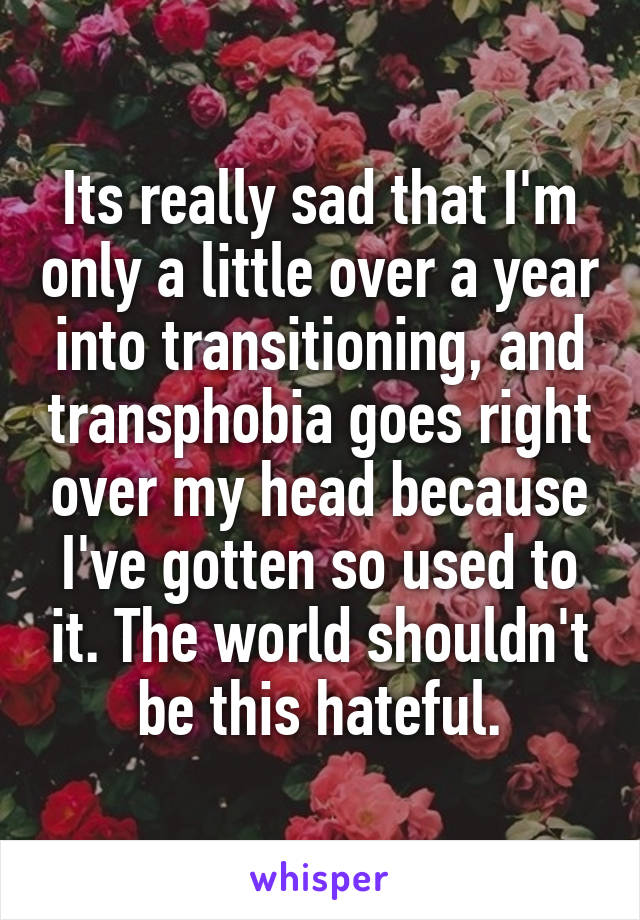 Its really sad that I'm only a little over a year into transitioning, and transphobia goes right over my head because I've gotten so used to it. The world shouldn't be this hateful.