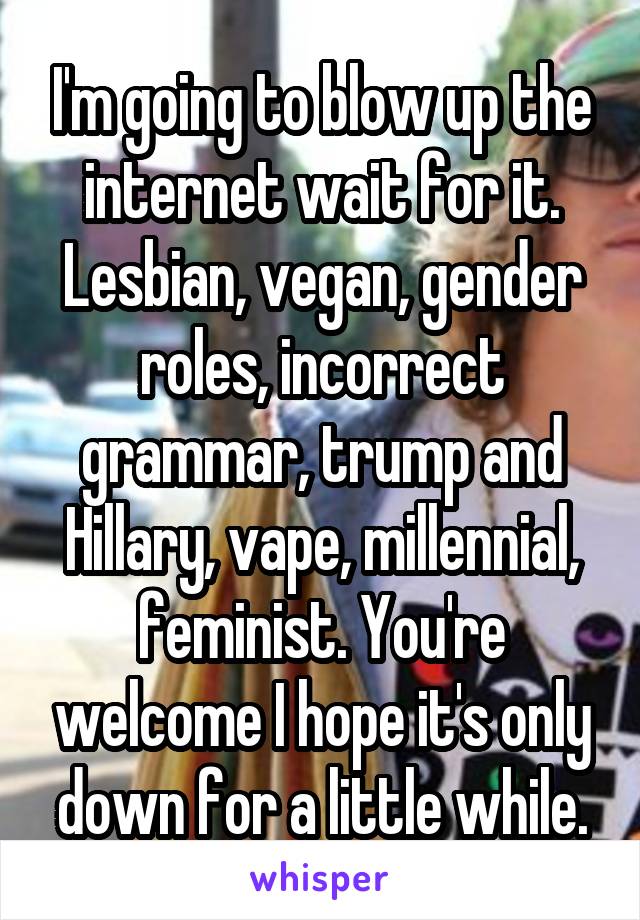 I'm going to blow up the internet wait for it. Lesbian, vegan, gender roles, incorrect grammar, trump and Hillary, vape, millennial, feminist. You're welcome I hope it's only down for a little while.