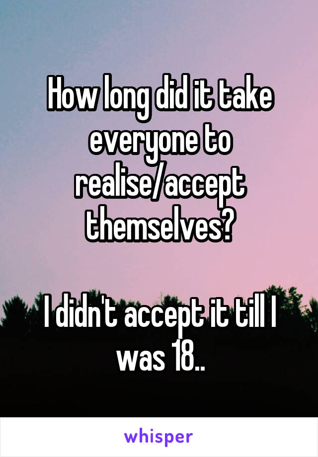 How long did it take everyone to realise/accept themselves?

I didn't accept it till I was 18..