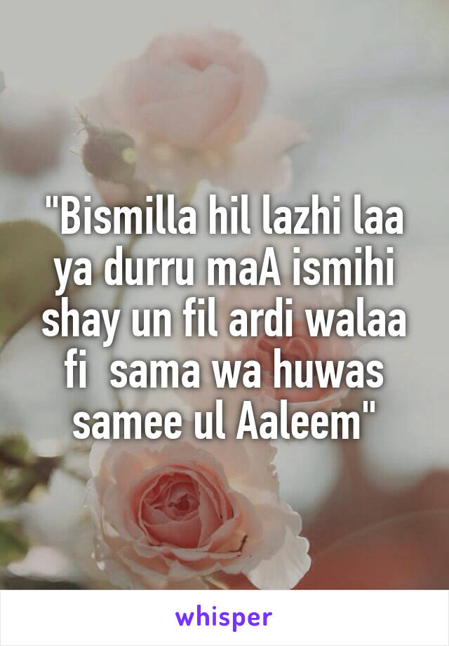 
"Bismilla hil lazhi laa ya durru maA ismihi shay un fil ardi walaa fi  sama wa huwas samee ul Aaleem"
