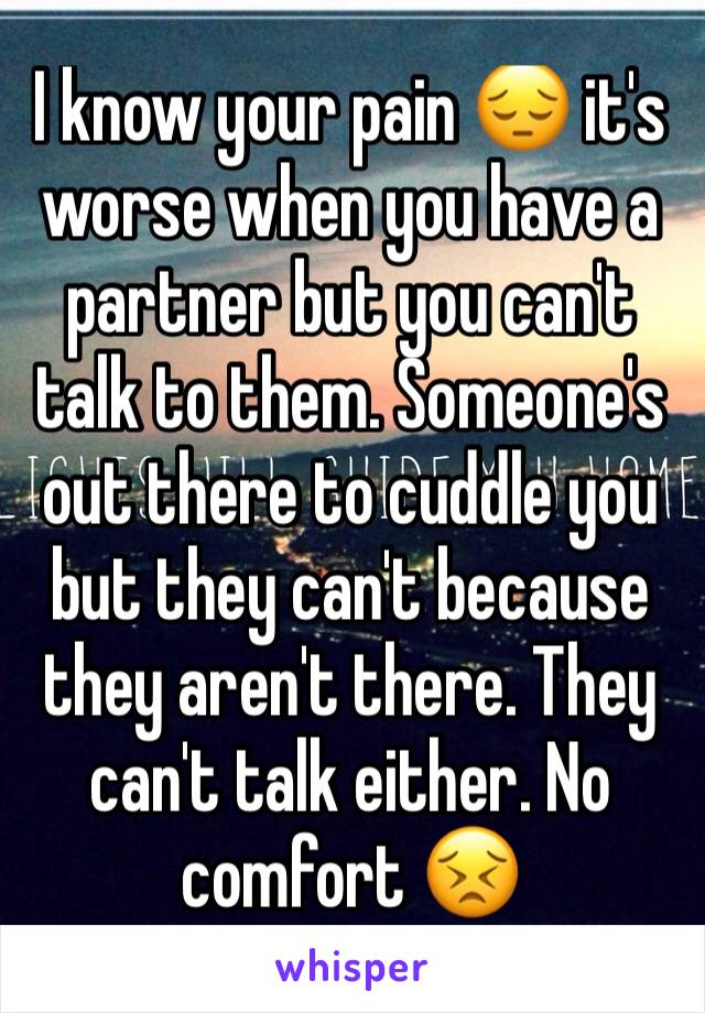 I know your pain 😔 it's worse when you have a partner but you can't talk to them. Someone's out there to cuddle you but they can't because they aren't there. They can't talk either. No comfort 😣