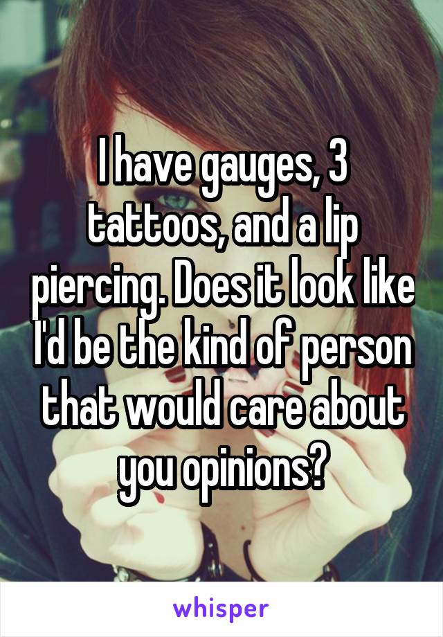 I have gauges, 3 tattoos, and a lip piercing. Does it look like I'd be the kind of person that would care about you opinions?