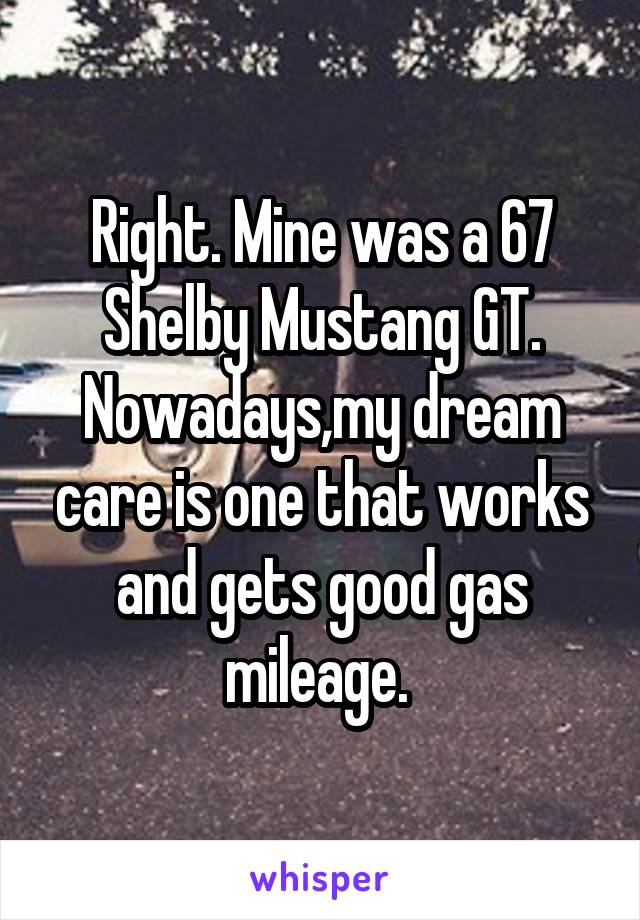 Right. Mine was a 67 Shelby Mustang GT. Nowadays,my dream care is one that works and gets good gas mileage. 