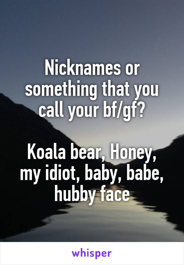 Nicknames or something that you call your bf/gf?

Koala bear, Honey, my idiot, baby, babe, hubby face