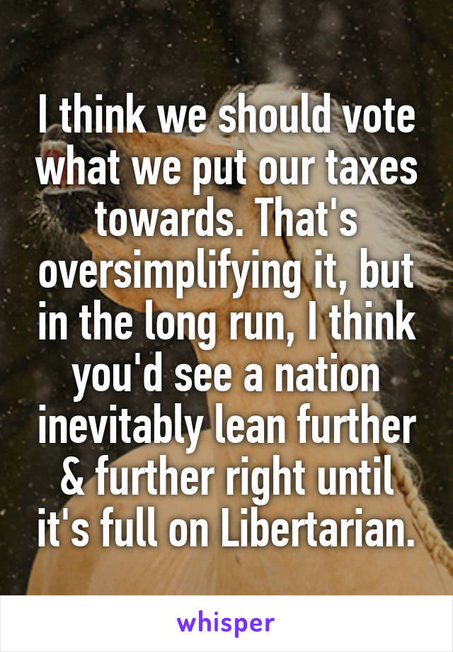 I think we should vote what we put our taxes towards. That's oversimplifying it, but in the long run, I think you'd see a nation inevitably lean further & further right until it's full on Libertarian.