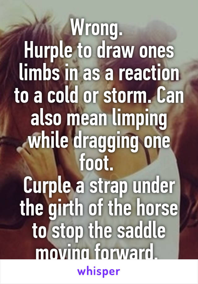 Wrong. 
Hurple to draw ones limbs in as a reaction to a cold or storm. Can also mean limping while dragging one foot. 
Curple a strap under the girth of the horse to stop the saddle moving forward. 