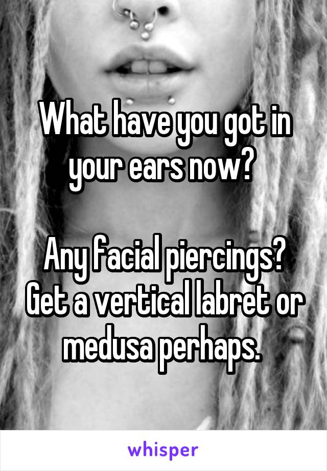 What have you got in your ears now? 

Any facial piercings? Get a vertical labret or medusa perhaps. 