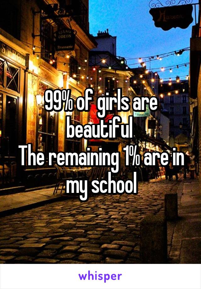 99% of girls are beautiful 
The remaining 1% are in my school