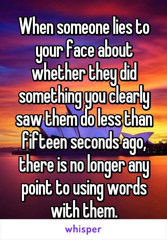 When someone lies to your face about whether they did something you clearly saw them do less than fifteen seconds ago, there is no longer any point to using words with them.