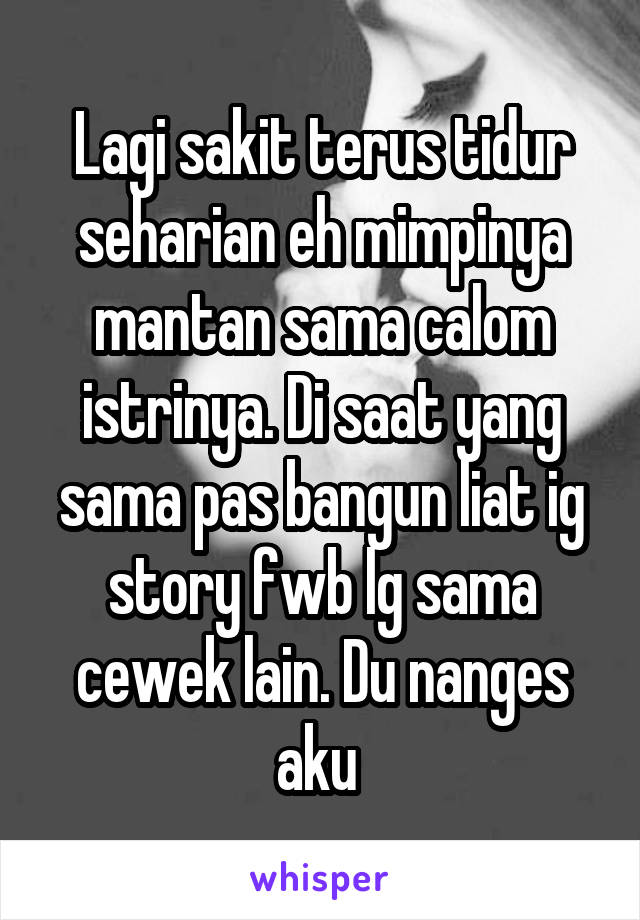 Lagi sakit terus tidur seharian eh mimpinya mantan sama calom istrinya. Di saat yang sama pas bangun liat ig story fwb lg sama cewek lain. Du nanges aku 