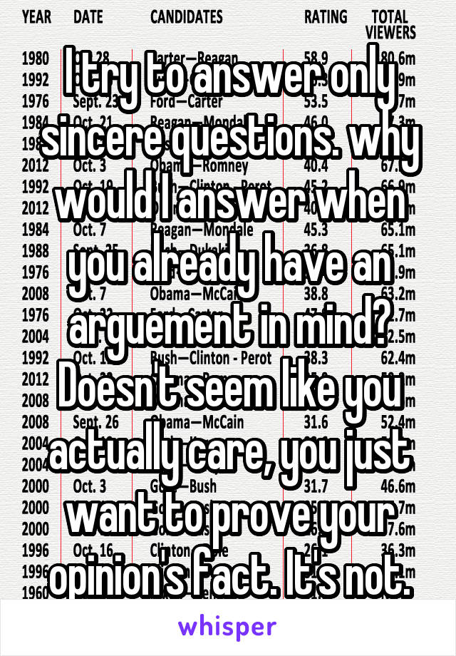 I try to answer only sincere questions. why would I answer when you already have an arguement in mind? Doesn't seem like you actually care, you just want to prove your opinion's fact. It's not.