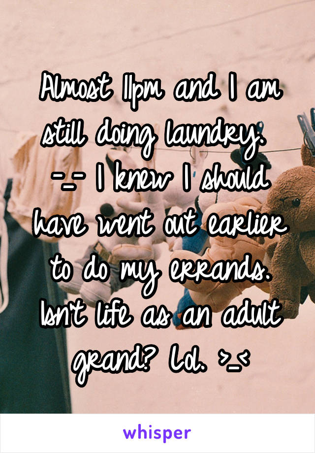 Almost 11pm and I am still doing laundry. 
-_- I knew I should have went out earlier to do my errands. Isn't life as an adult grand? Lol. >_<