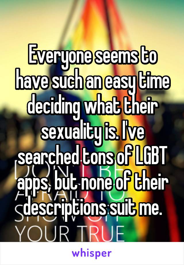 Everyone seems to have such an easy time deciding what their sexuality is. I've searched tons of LGBT apps, but none of their descriptions suit me.