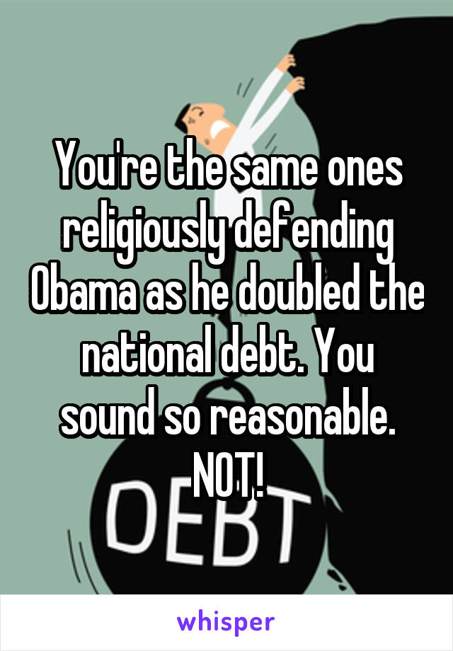 You're the same ones religiously defending Obama as he doubled the national debt. You sound so reasonable. NOT!