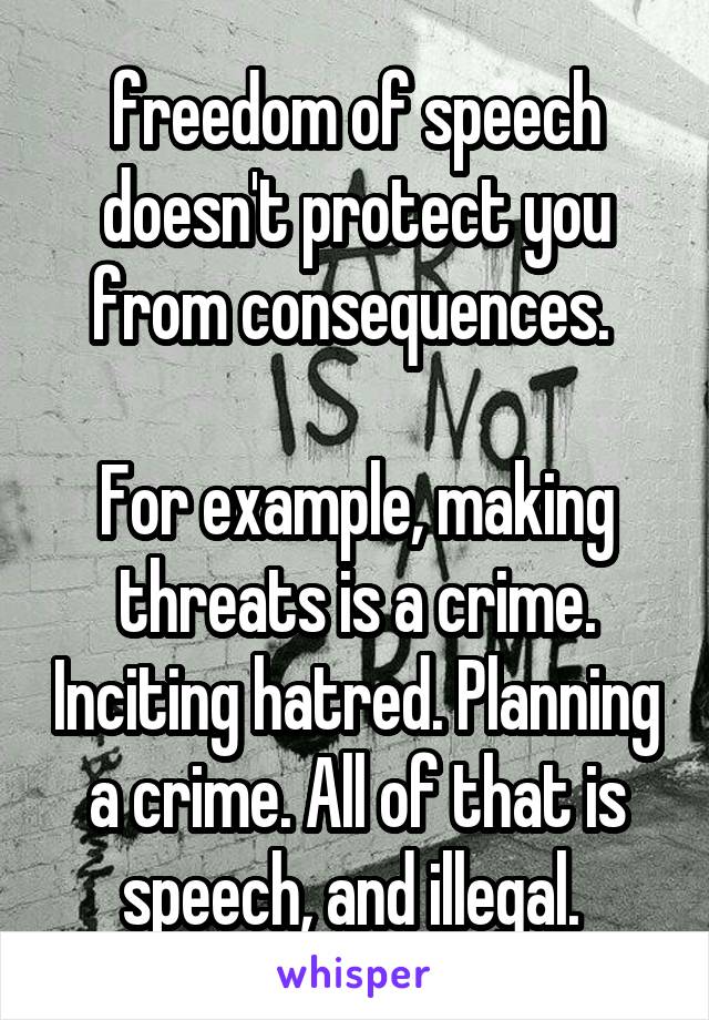 freedom of speech doesn't protect you from consequences. 

For example, making threats is a crime. Inciting hatred. Planning a crime. All of that is speech, and illegal. 