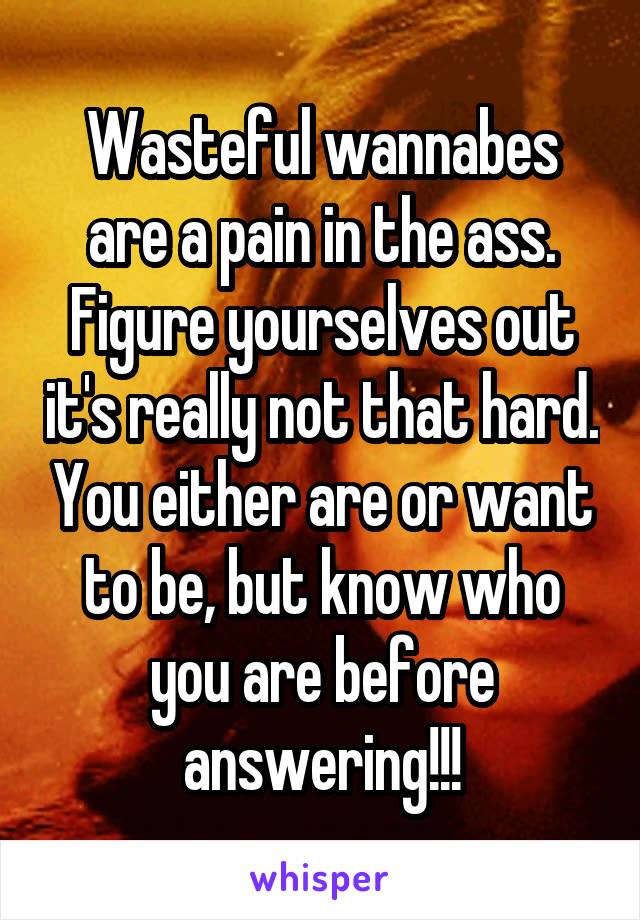 Wasteful wannabes are a pain in the ass.
Figure yourselves out it's really not that hard. You either are or want to be, but know who you are before answering!!!