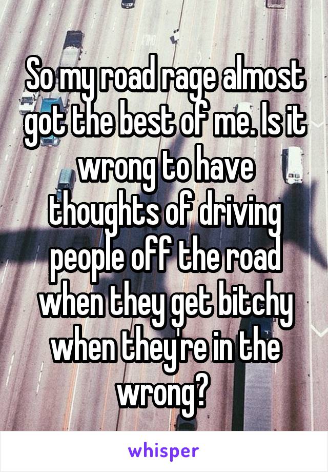 So my road rage almost got the best of me. Is it wrong to have thoughts of driving people off the road when they get bitchy when they're in the wrong? 